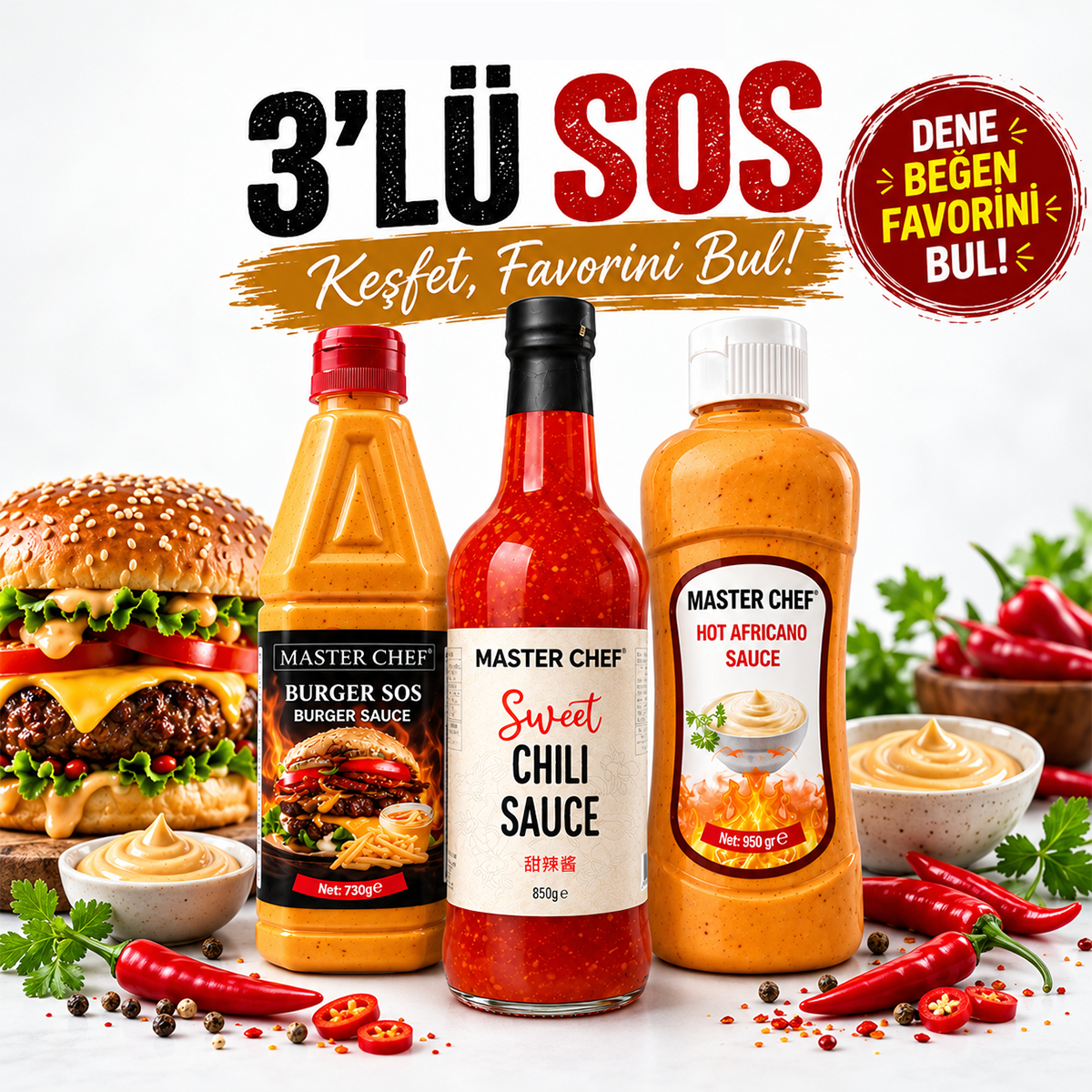 3’lü Lezzet Paketi – Burger Sos, Sweet Chili Sauce ve Hot Africano